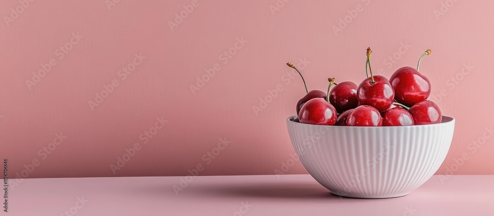 Poster fresh ripe cherries in a white ceramic bowl on a pink surface with space for text or design elements