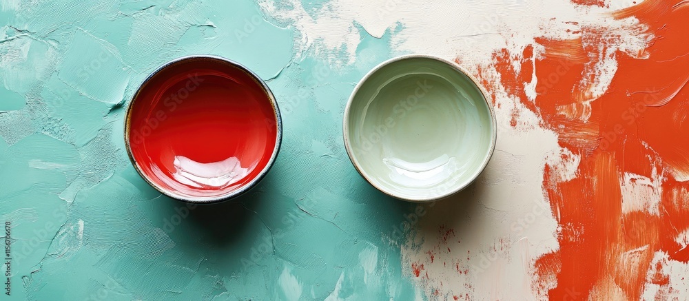 Poster ceramic bowls in green and red method with abstract background and blank space for text in a low ang