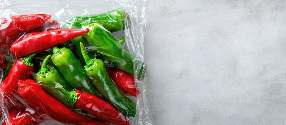 Poster fresh green and red pepper pods wrapped in cellophane with blank space for text on light background
