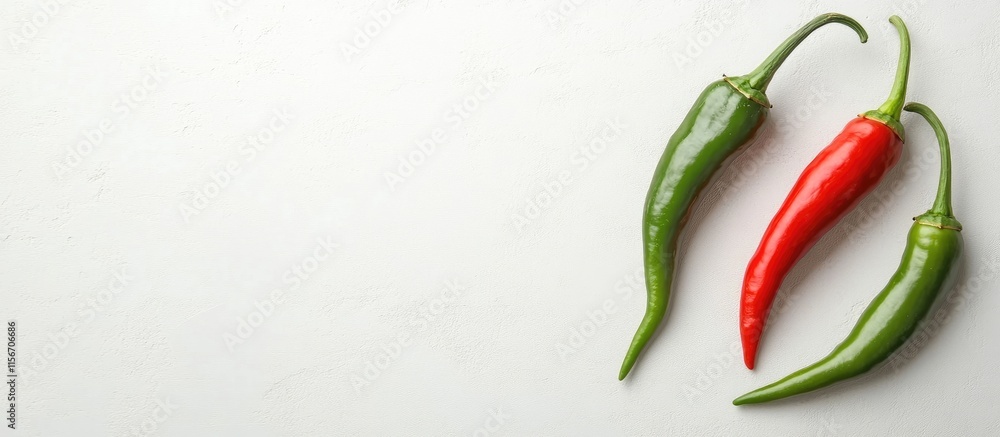 Poster fresh green and red capsicum annuum peppers on light background with space for text or design elemen