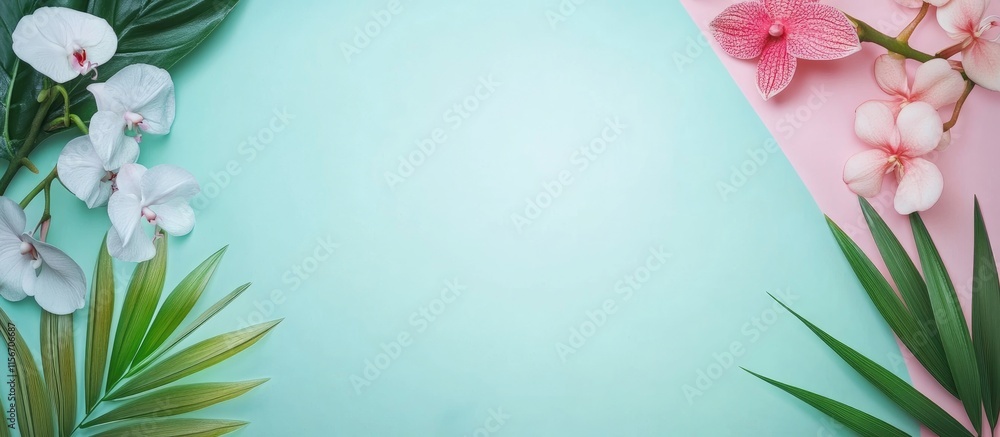 Poster gradient orchid flowers on soft background with empty space for custom text and design elements in a