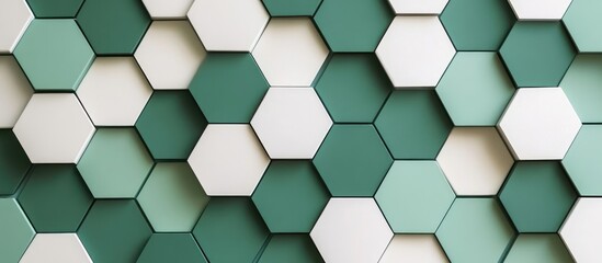 Elegant geometric arrangement of green and white hexagonal tiles with ample empty space for text or design applications.