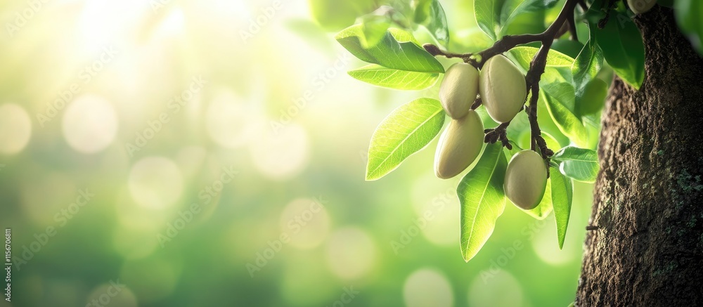 Poster green almonds on tree trunk surrounded by lush leaves and soft sunlight with ample copy space for yo