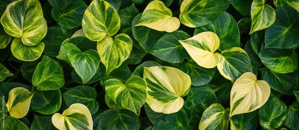 Poster lush green and yellow leaves close up with variegated patterns and text space for natural background