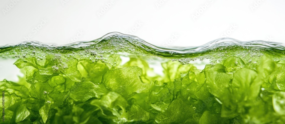 Poster lush green algae in clear water showcasing biofuel potential with ample negative space for added tex