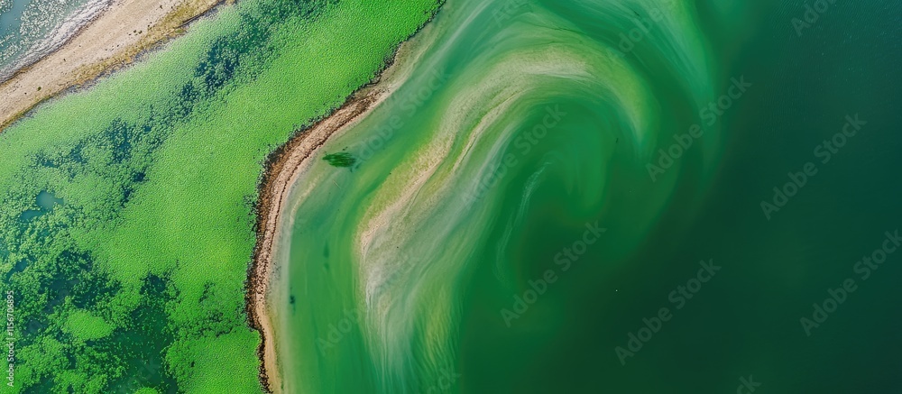 Poster green algae blooms on water surface highlighting environmental issues with space for text usage