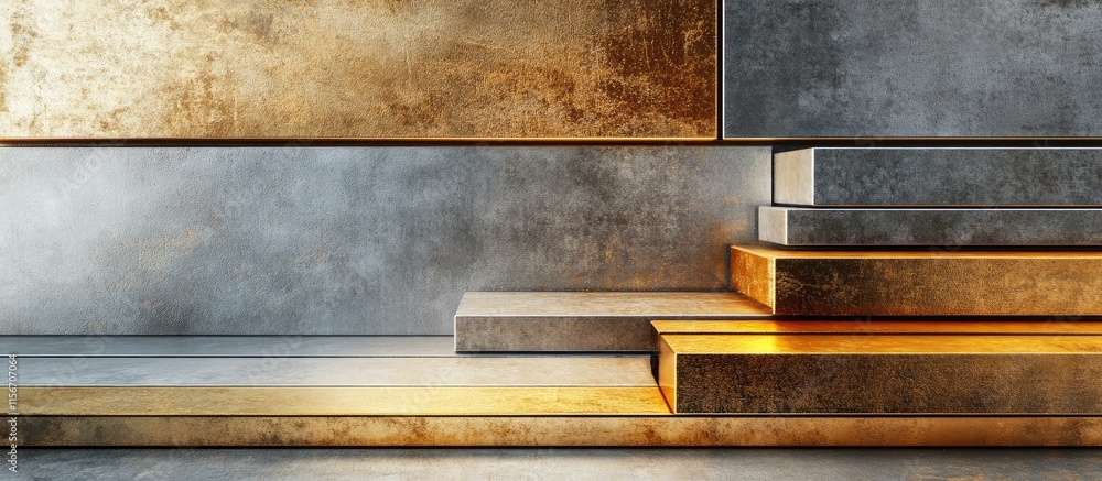 Poster gold and silver metal bars arranged artistically with a textured background and ample empty space fo