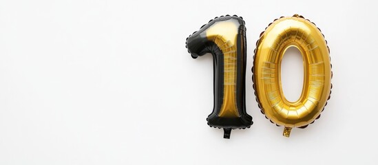 Gold and black number 10 helium balloon on white background for birthday celebration anniversary and milestone party with space for text