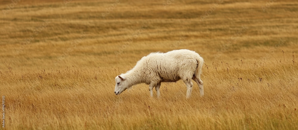 Poster goat grazing in a serene rural meadow showcasing lush grass and open space ideal for adding text in 