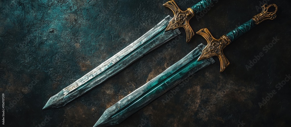 Poster goblin inspired silver and jade swords in ornate gold setting with empty space for custom text or br