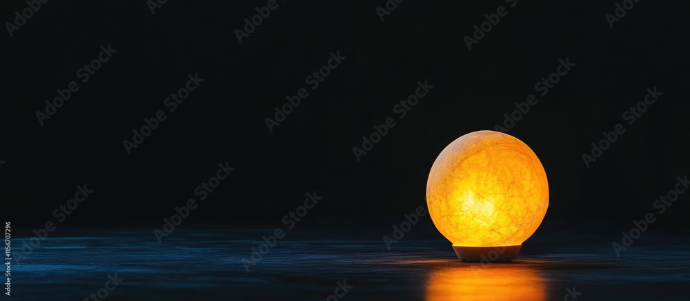 Poster round yellow lamp illuminating dark space creating a warm atmosphere with blank area for text or des