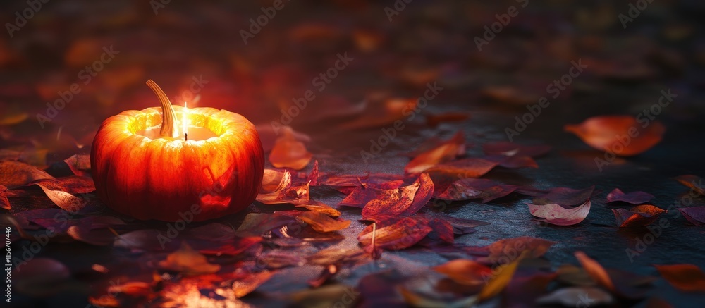 Poster glowing jack o lantern on a table surrounded by autumn leaves creating a warm atmosphere with space 