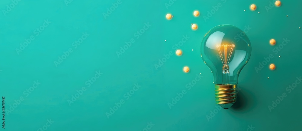 Poster glowing green light bulb on vibrant green background with blank area for your text or design element