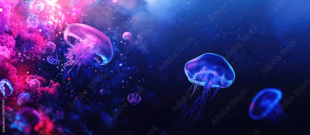 Poster illuminated jellyfish amidst vibrant underwater colors creating an ethereal atmosphere with space fo