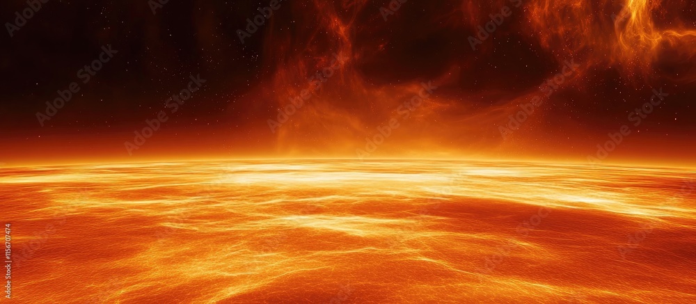 Poster dynamic glowing surface of a hot planet in vivid orange and red with a vast deep space backdrop and 