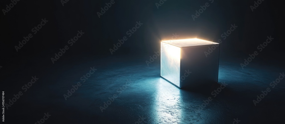 Poster futuristic glowing cube in dark digital space with ambient light creating an intriguing atmosphere f