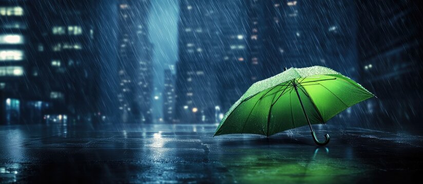 Glowing green umbrella in dark rainy city with reflective pavement and empty space for text or promotional messaging - Powered by Adobe