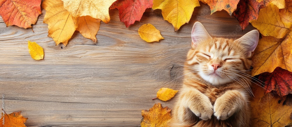 Poster ginger cat relaxing amidst autumn leaves creating a serene backdrop with ample space for text or bra