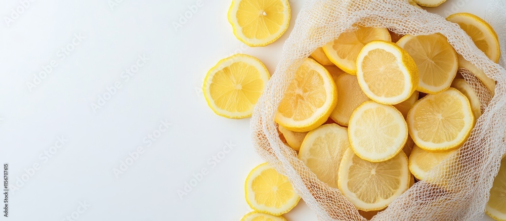 Poster ginger and lemon slices in a mesh bag on a white background with copy space for text and culinary de