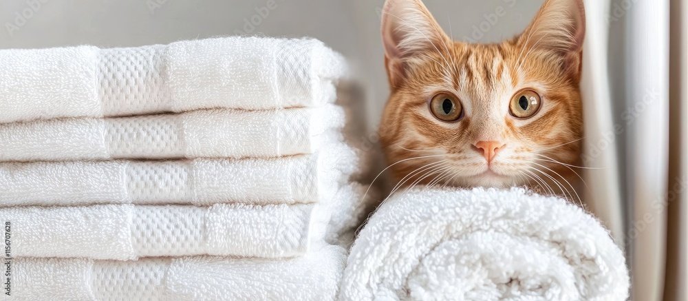 Poster curious ginger cat peeking from behind folded towels with ample space for text and creative design e