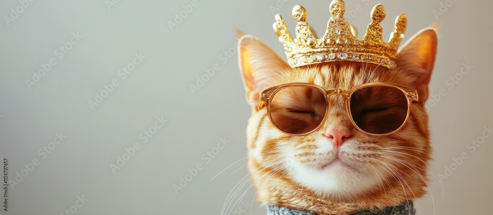 Aufkleber ginger cat in sunglasses and crown with blank space for custom text or caption suitable for pet or r