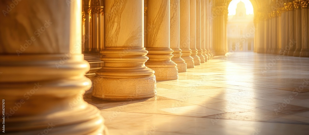 Poster gilded alabaster columns and marble pillars illuminated by golden light creating a serene spiritual 