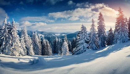 Fantastic sunrise in the mountains. Fresh snow covered slopes and fir trees in Carpathian mountains, Ukraine, Europe. Ski tour on untouched snowy hills. Beauty of nature concept background.
