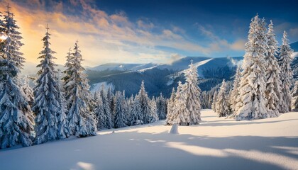 Fantastic sunrise in the mountains. Fresh snow covered slopes and fir trees in Carpathian mountains, Ukraine, Europe. Ski tour on untouched snowy hills. Beauty of nature concept background.