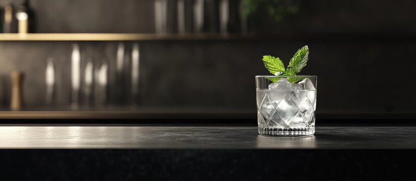 Gin and tonic cocktail with mint garnish on bar counter creating inviting atmosphere for beverage promotions and advertising.