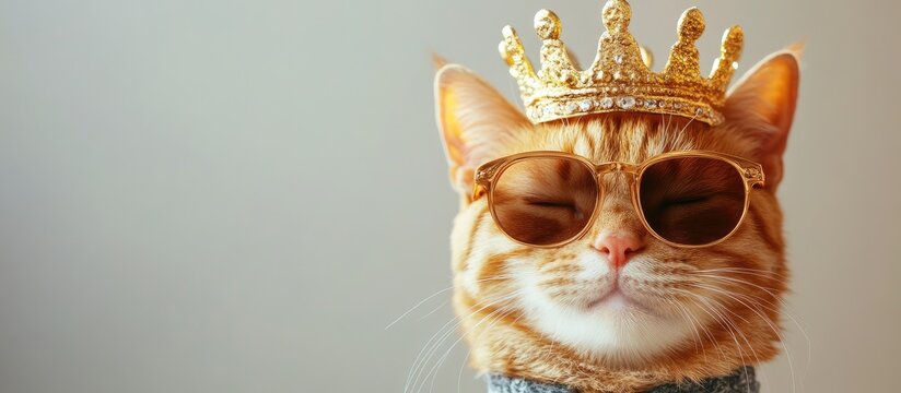 Ginger Cat in Sunglasses and Crown with Blank Space for Custom Text or Caption Suitable for Pet or Royalty-Themed Designs