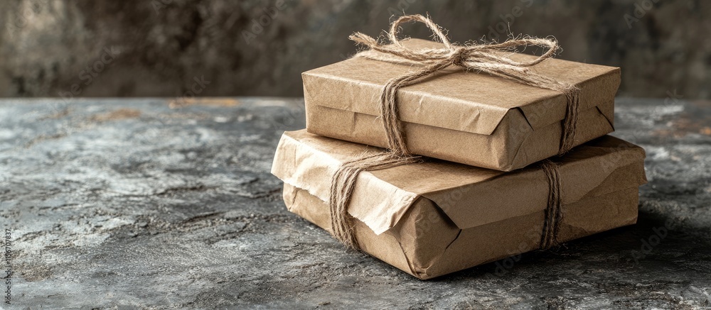 Poster rustic gift wrapped packages stacked on a textured surface with empty space for personalized text or