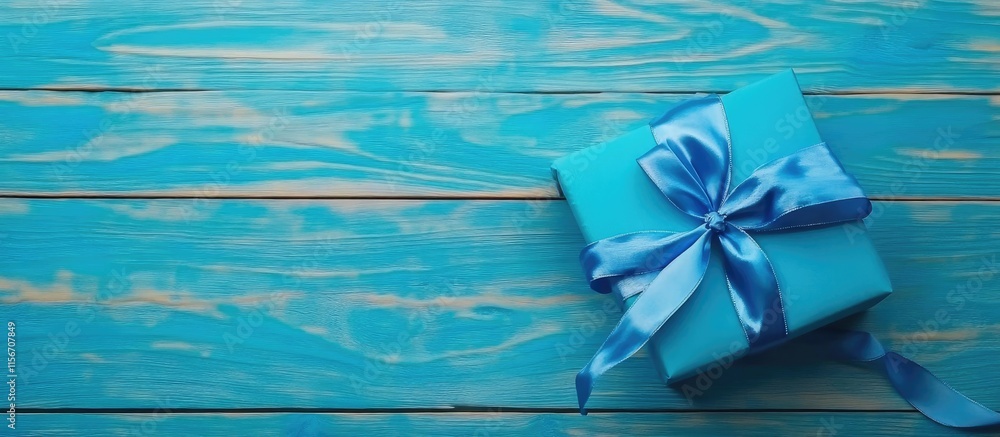Poster blue gift box with ribbon bow on wooden table background top view flat lay with empty space for text