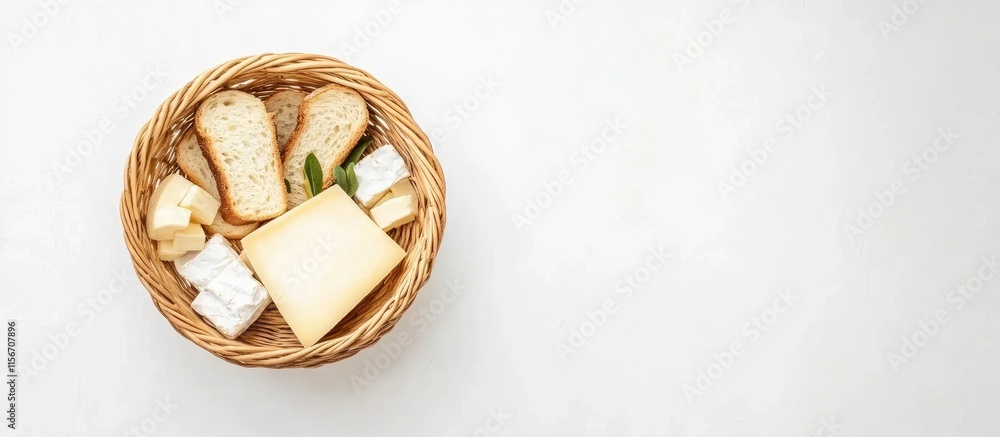 Aufkleber savory basket filled with fresh bread and assorted cheeses on a clean white background with space fo