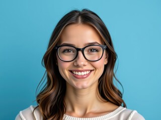 Obraz premium Happy Young Woman in Glasses Smiling Portrait Studio