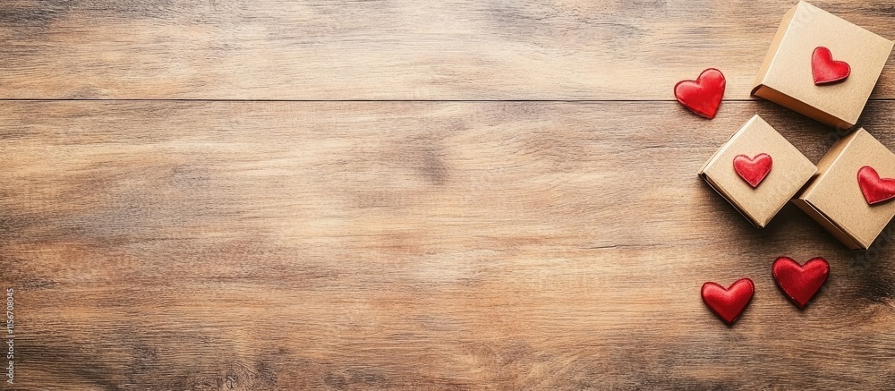 Poster gift boxes decorated with red hearts on a rustic wooden table with ample empty space for personalize