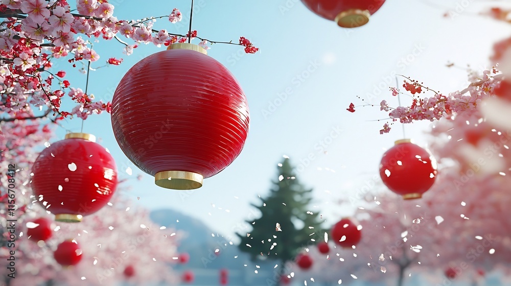 Aufkleber elegant and serene cluster of lanterns and cherry blossoms against a seamless spacious background fo