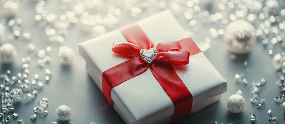 Aufkleber elegant wrapped gift box with red ribbon on white paper surrounded by decorative elements and empty 