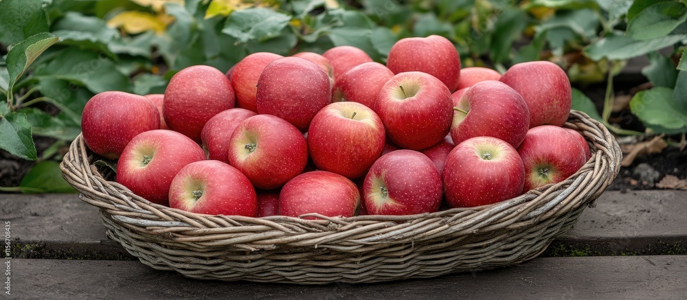 Poster freshly harvested red apples in a rustic wicker basket surrounded by lush garden greenery with ample