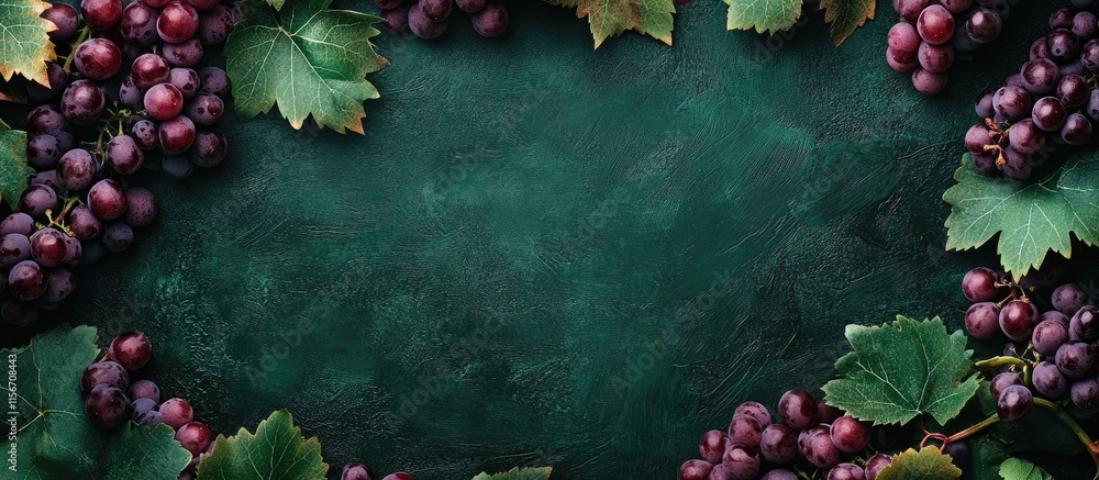 Poster vibrant red grapes surrounded by lush green leaves on dark textured background with ample space for 