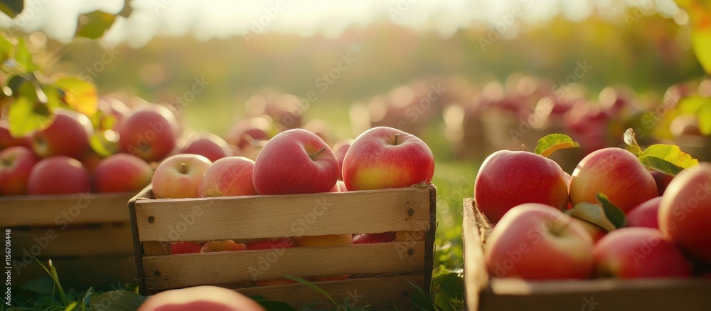 Poster freshly harvested red apples in wooden baskets surrounded by green grass and soft bokeh effect with 