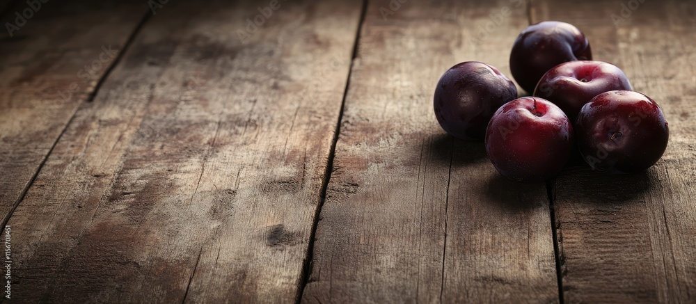 Poster rustic wooden surface with freshly picked plums and ample empty space for text or product placement 