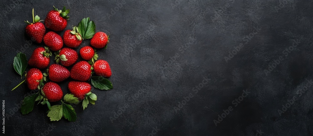Poster vibrant red strawberries arranged on dark surface with rich texture and space for text highlighting 