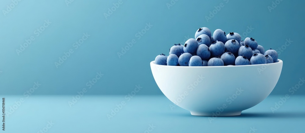 Poster blueberries in a white bowl on a blue backdrop creating a fresh and vibrant feel with space for text