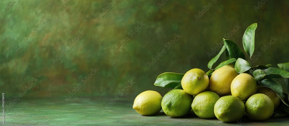 Poster freshly harvested lemons arranged on a vibrant green background with ample space for customizable te