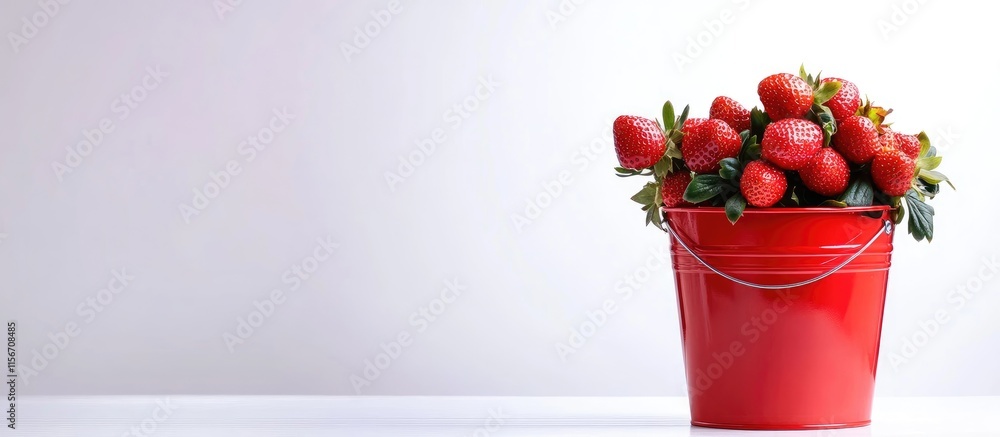 Poster vibrant red bucket filled with freshly picked strawberries and clear space for text or branding on a