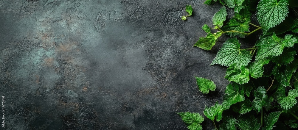 Poster freshly harvested nettles on a textured surface with empty space for culinary text or recipes in a n