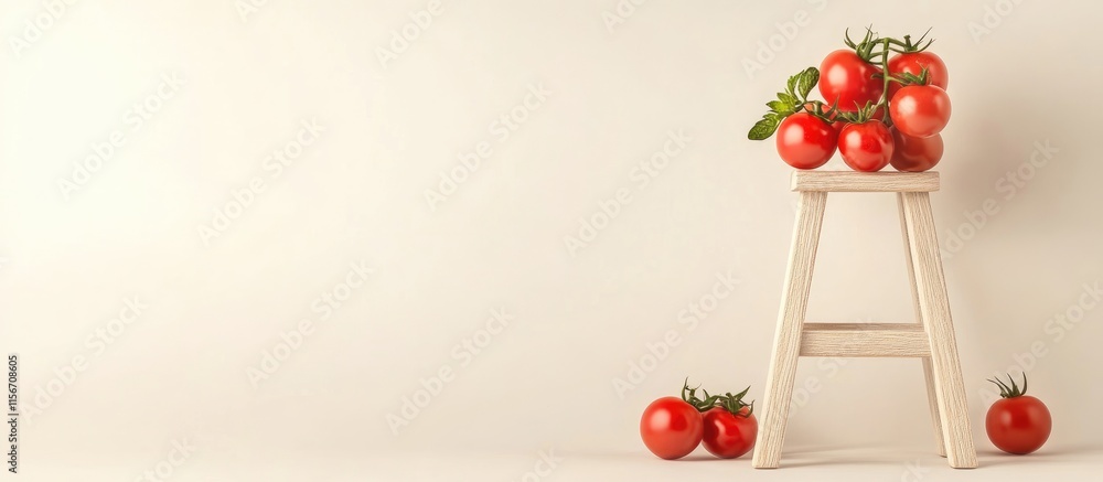 Poster fresh cherry tomatoes on rustic wooden stepladder against a neutral background with ample space for 