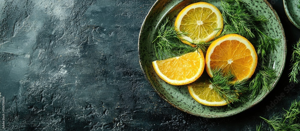 Poster citrus slices with fresh dill arranged on decorative plates on a textured dark background with ample