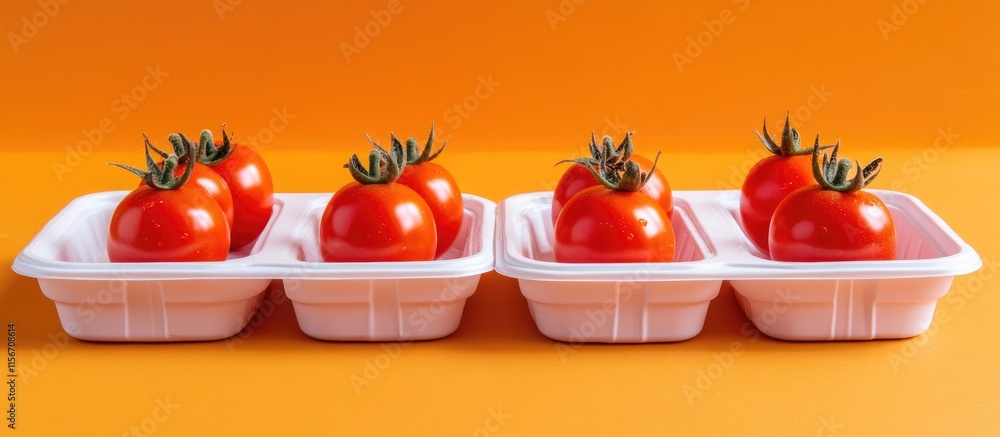 Poster vibrant cherry tomatoes displayed in white trays against an orange background with ample empty space
