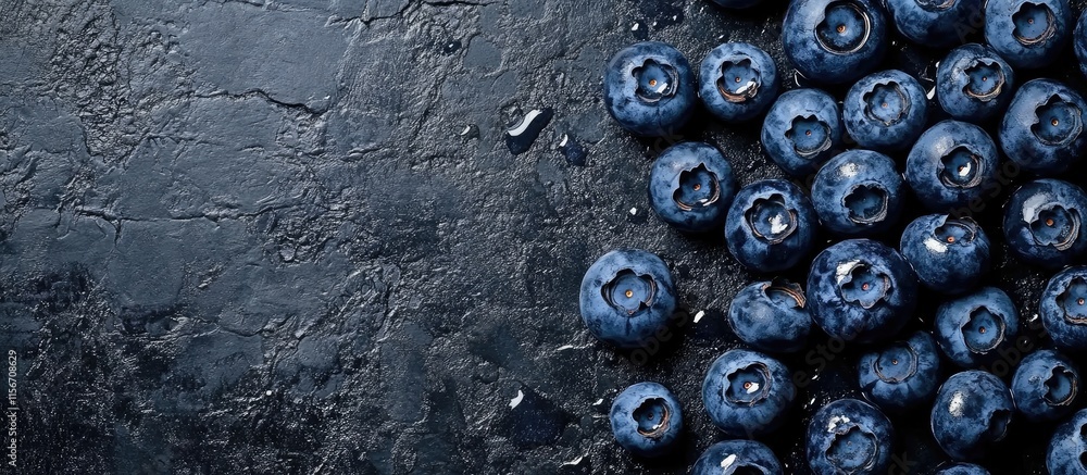 Poster blueberries scattered on a textured dark surface with yogurt for a healthy breakfast and blank space